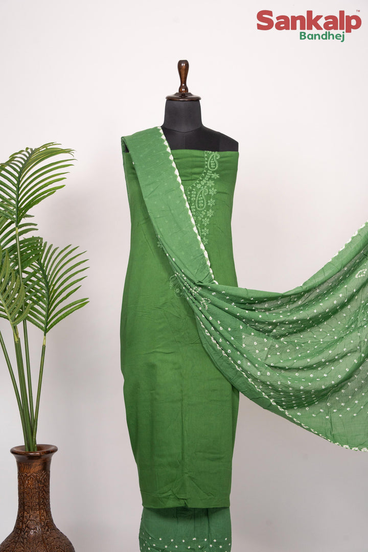 Dark Green Cotton Satin Suit Material with Neck Embroidery
