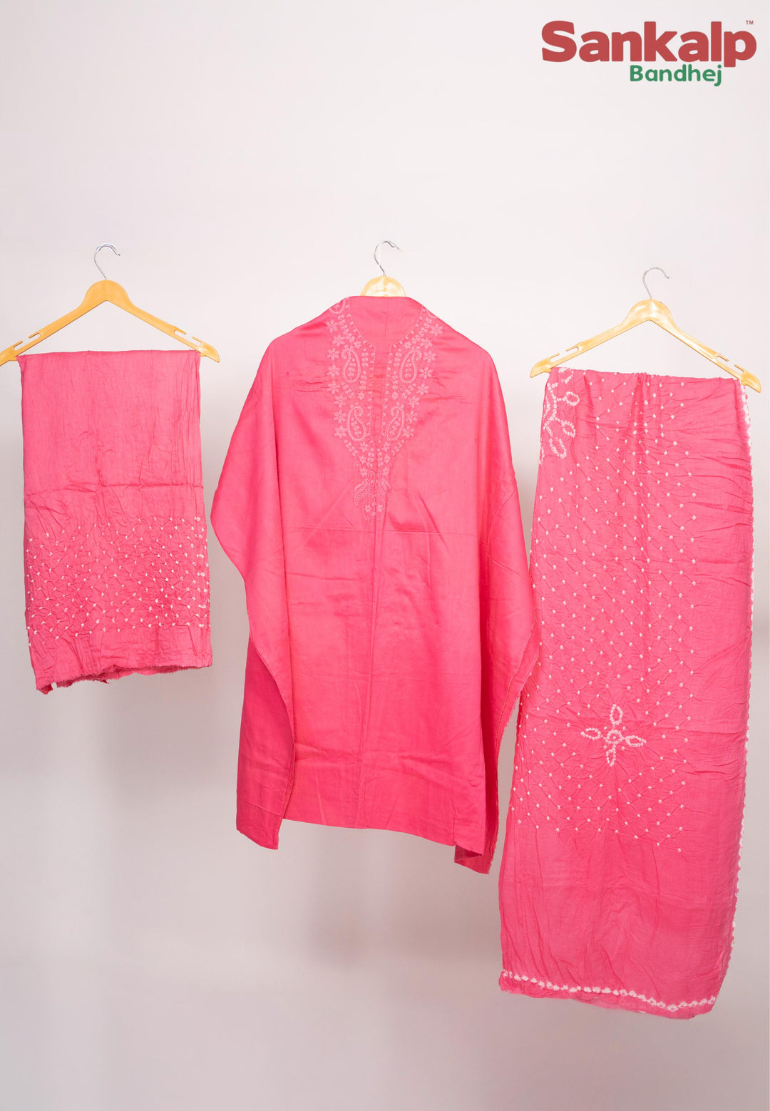 Hot Pink Cotton Satin Suit Material with Neck Embroidery