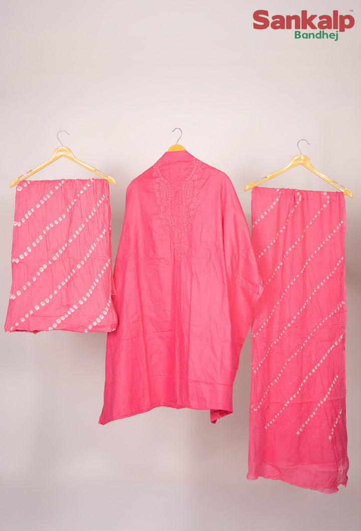 Pink Cotton Satin Suit Material with Neck Embroidery