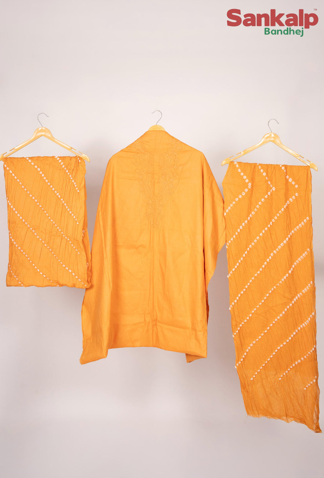 Yellow Cotton Satin Suit Material with Neck Embroidery