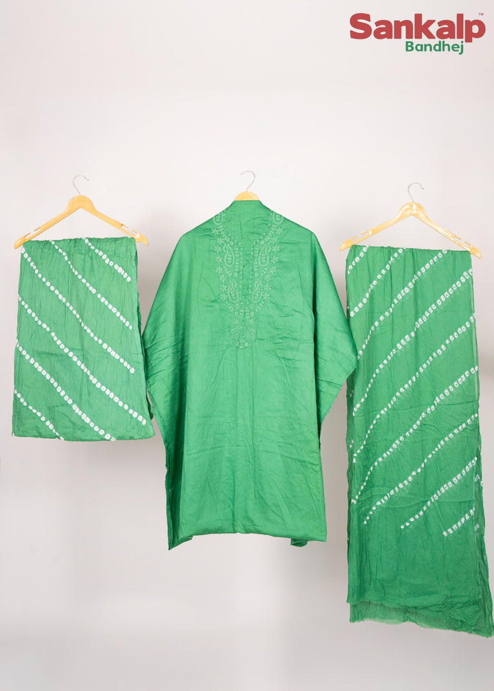 Pastel Green Cotton Satin Suit Material with Neck Embroidery