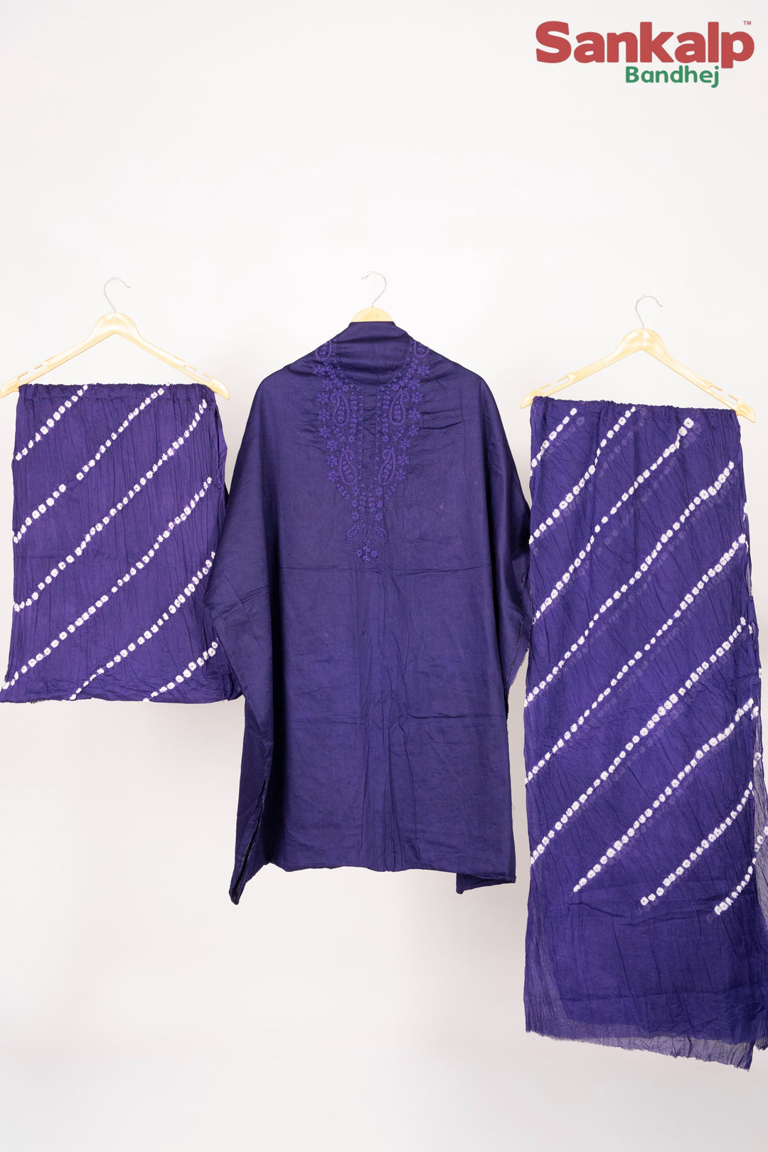 Purple Cotton Satin Suit Material with Neck Embroidery