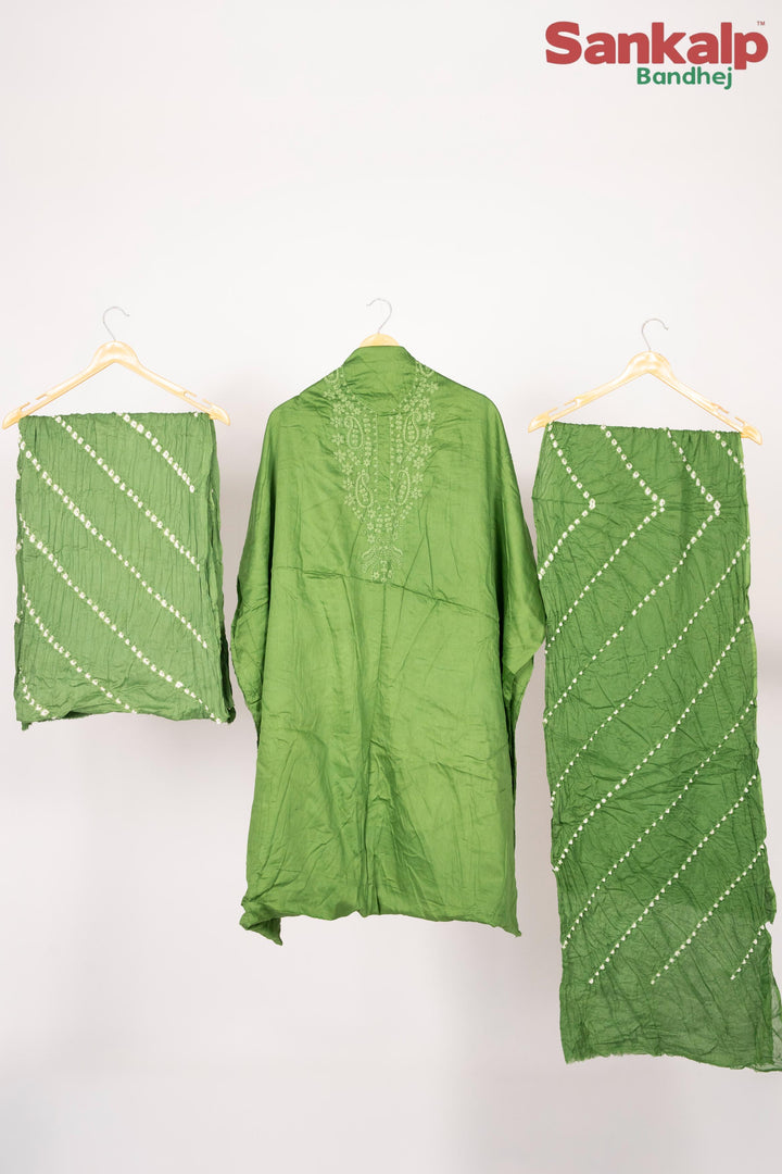 Green Cotton Satin Suit Material with Neck Embroidery