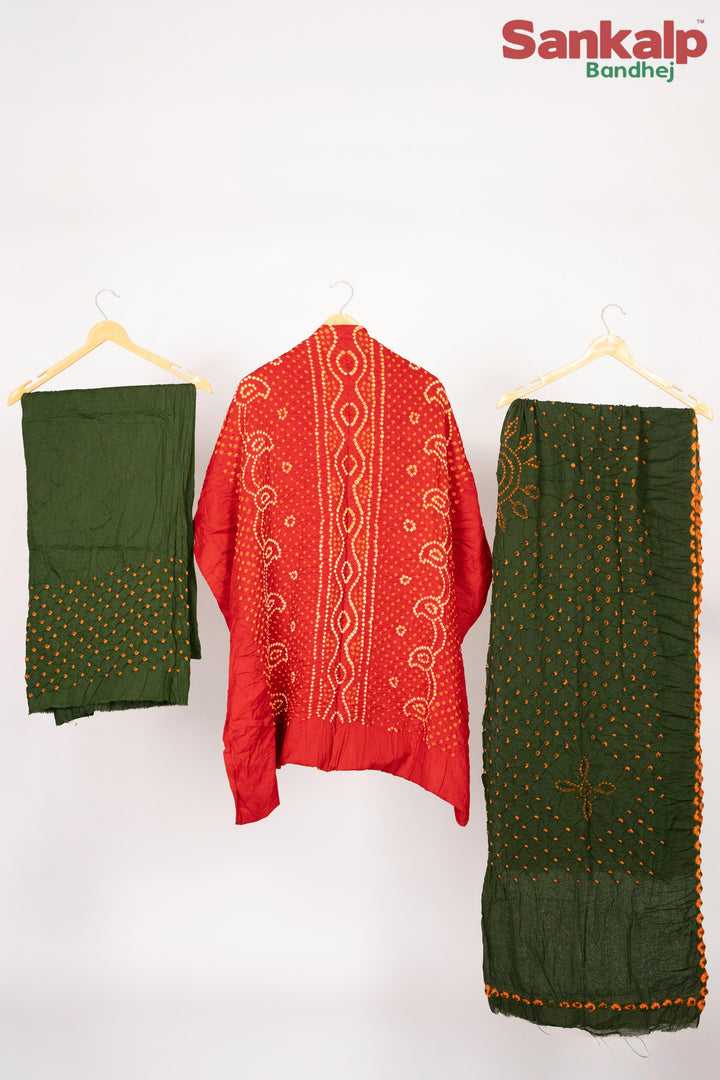 Red Chandrakani Bandhani Cotton Satin Suit Material