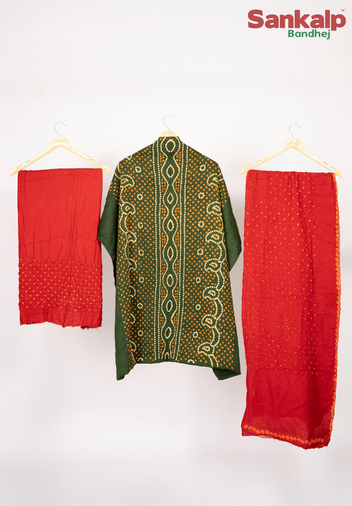 Bottle Green Chandrakani Bandhani Cotton Satin Suit Material