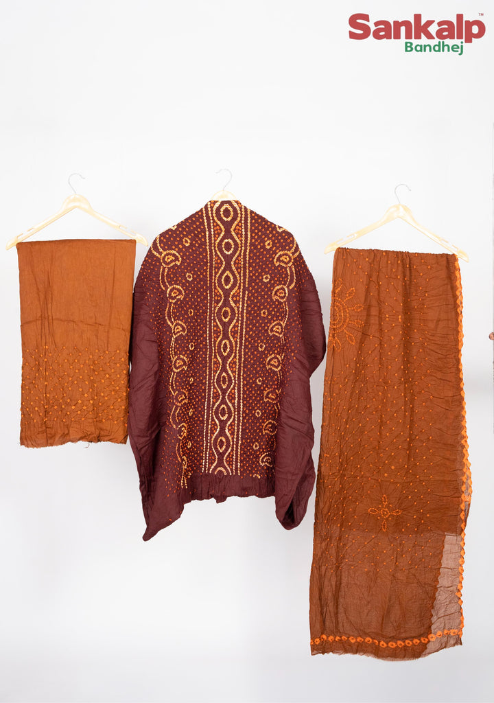 Brown Chandrakani Bandhani Cotton Satin Suit Material