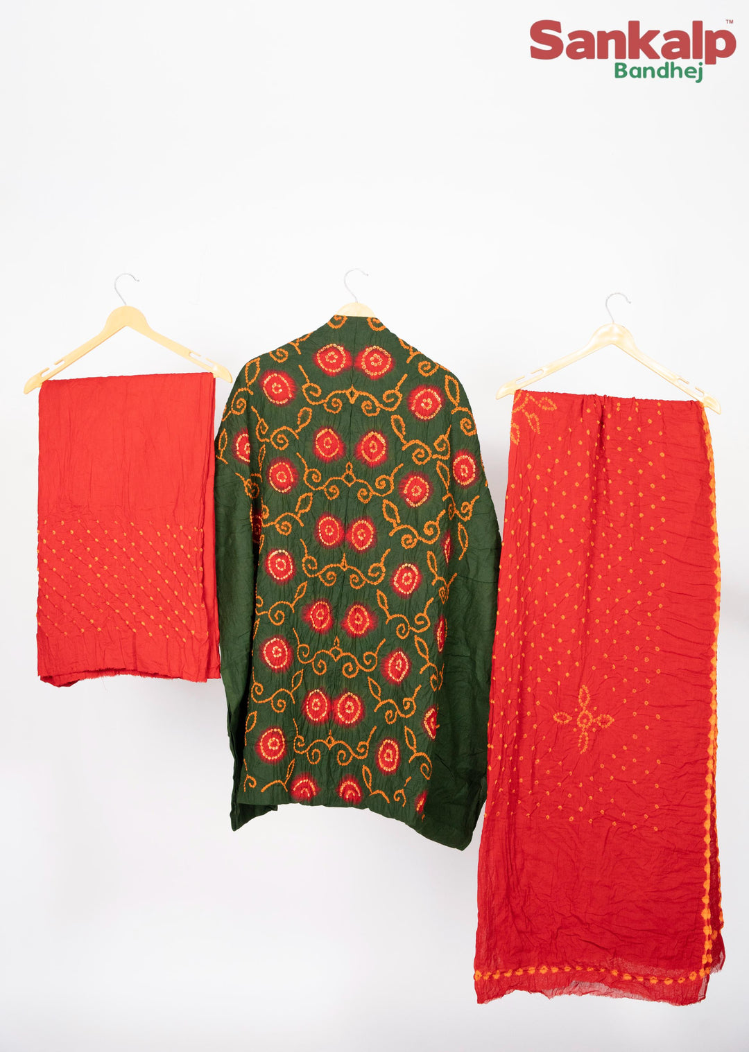 Green Designer Bandhani Cotton Satin Suit Material