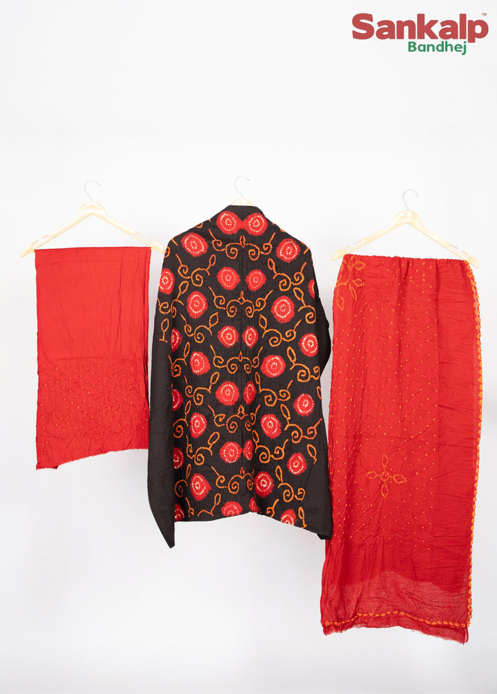 Red Designer Bandhani Cotton Satin Suit Material