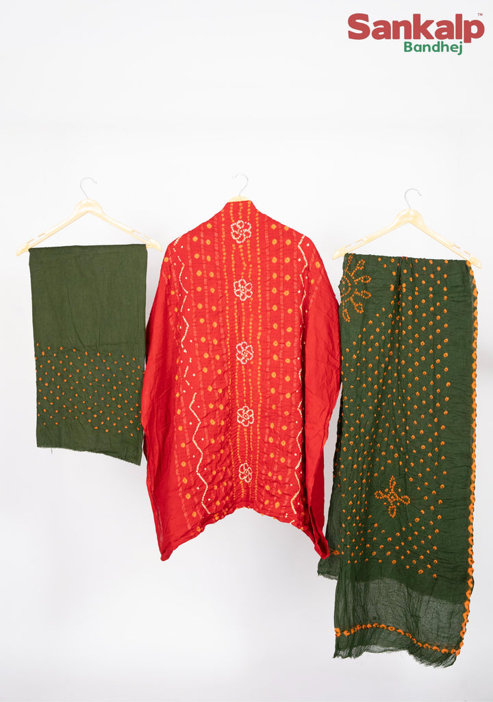 Red  Bandhani Cotton Satin Suit Material with Mehendi Green Dupatta