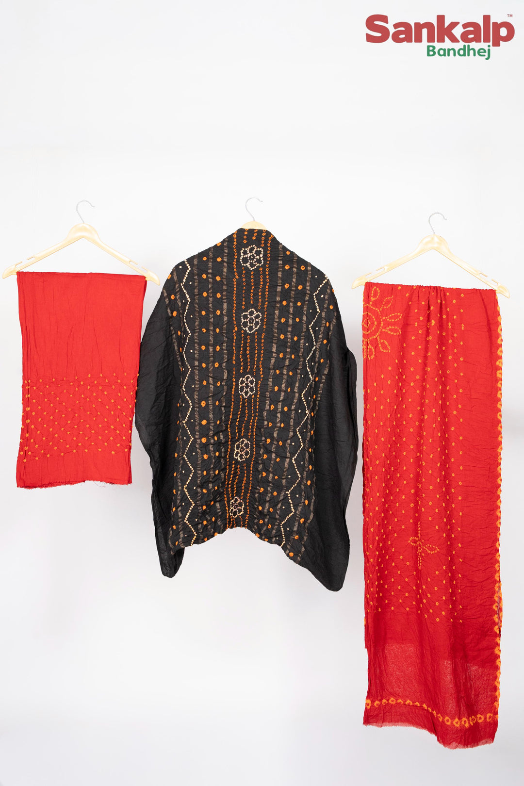 Black Bandhani Cotton Satin Suit Material with Red Dupatta