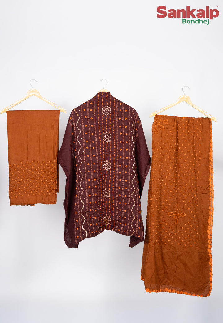 Brown Bandhani Cotton Satin Suit Material with Rust Orange Dupatta