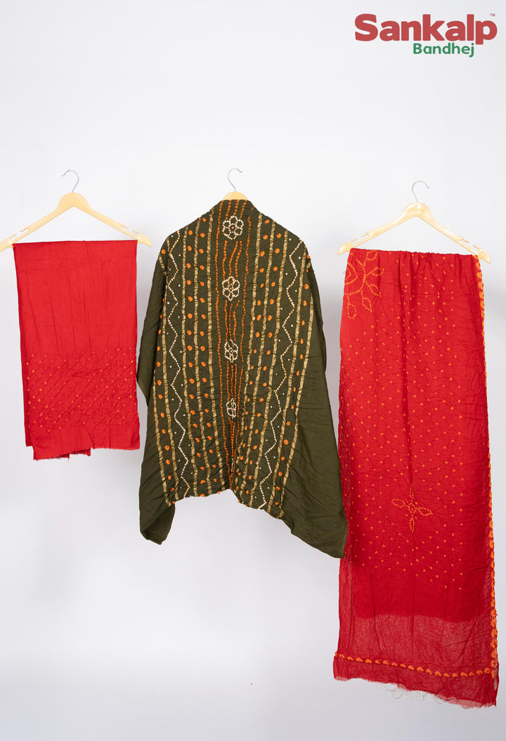 Olive Green Bandhani Cotton Satin Suit Material with Red Dupatta