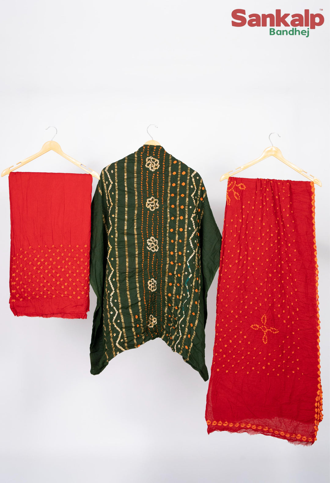 Mehendi Green Cotton Satin Bandhani Suit Material With Red Bandhej Dupatta