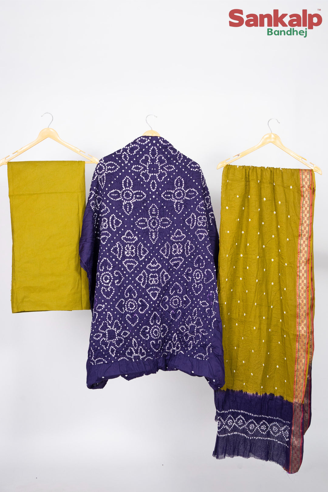 Purple Bandhej 3 Piece Cotton Satin Dress Material