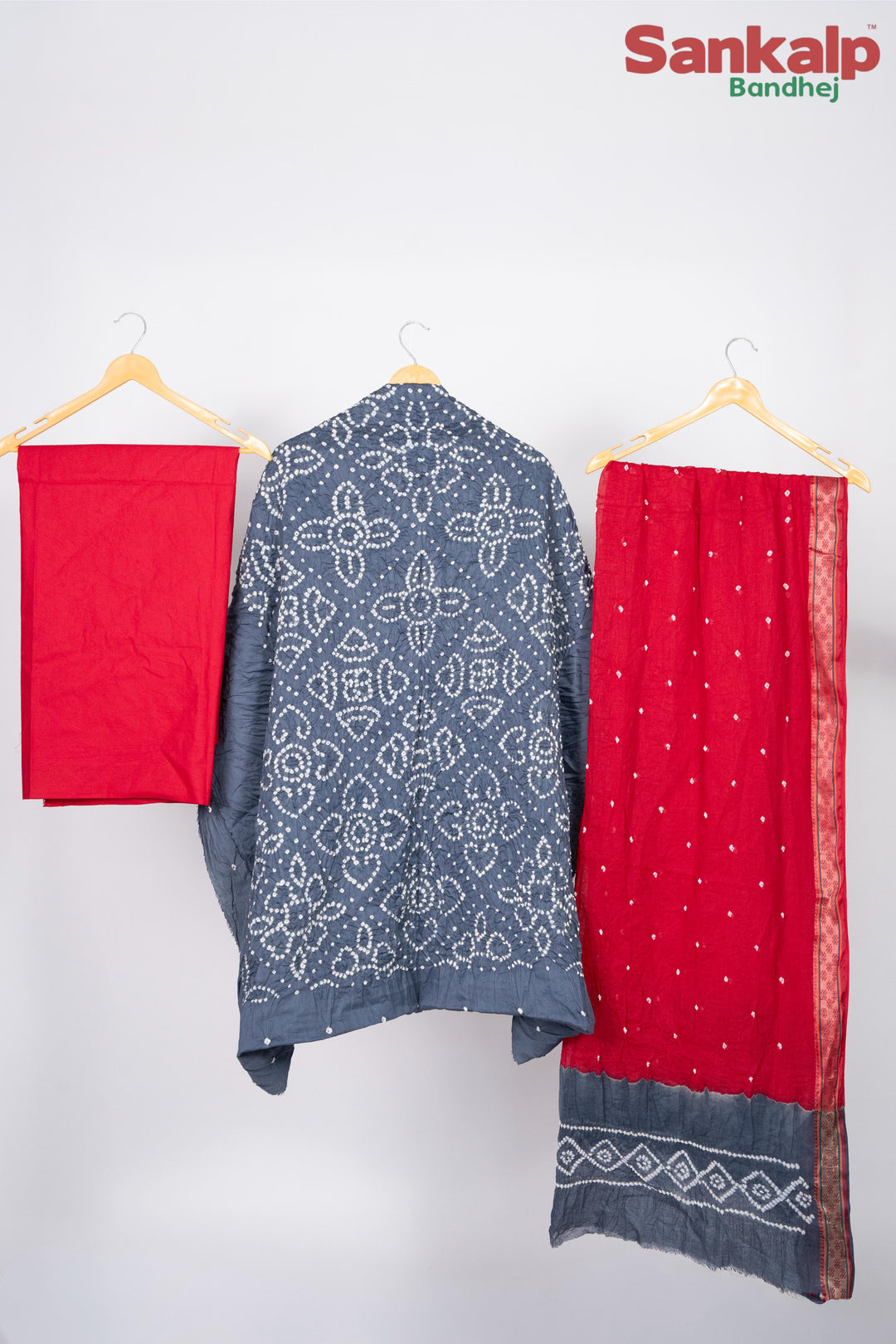 Grey Bandhej 3 Piece Cotton Satin Dress Material