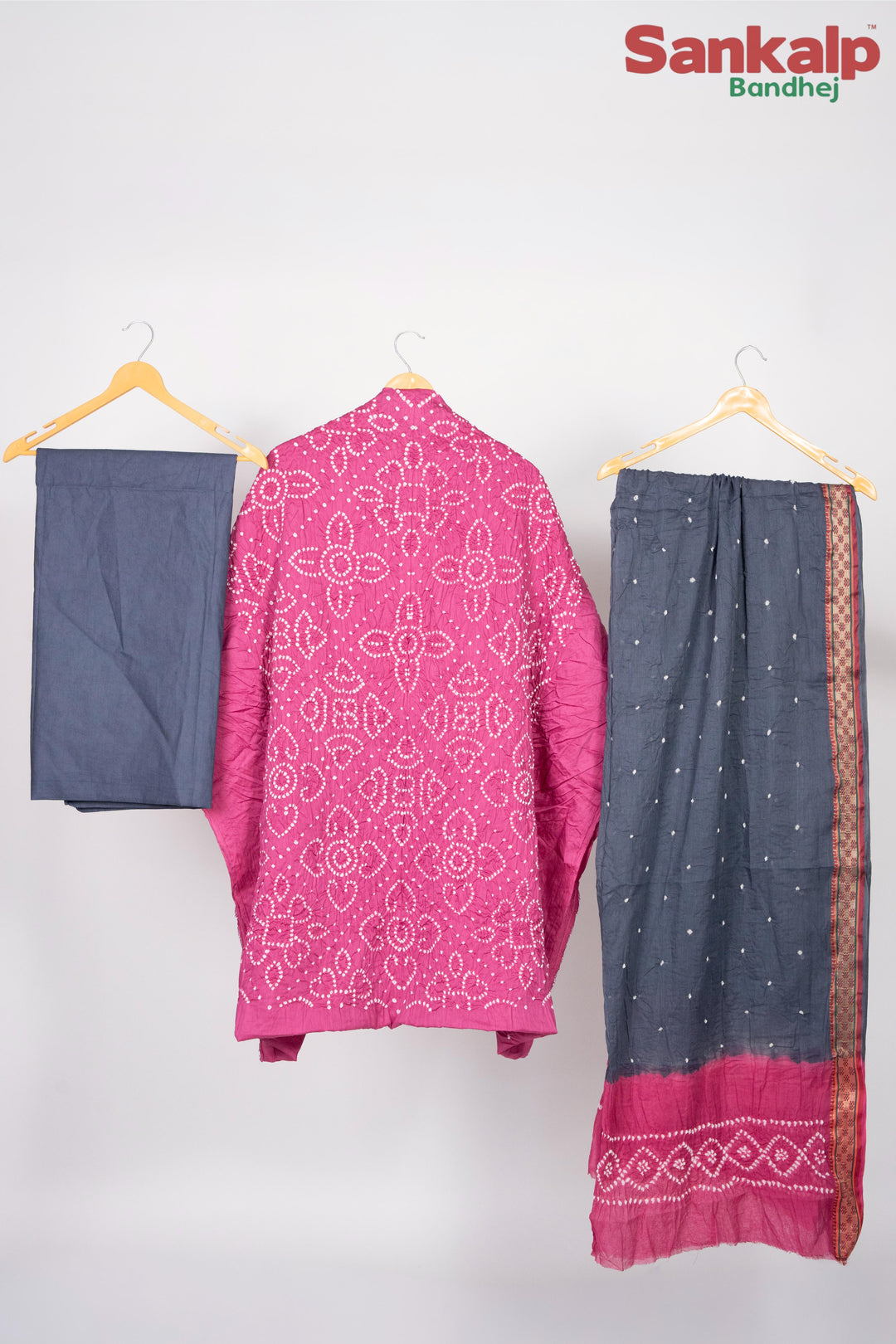 Pink Bandhej 3 Piece Cotton Satin Dress Material