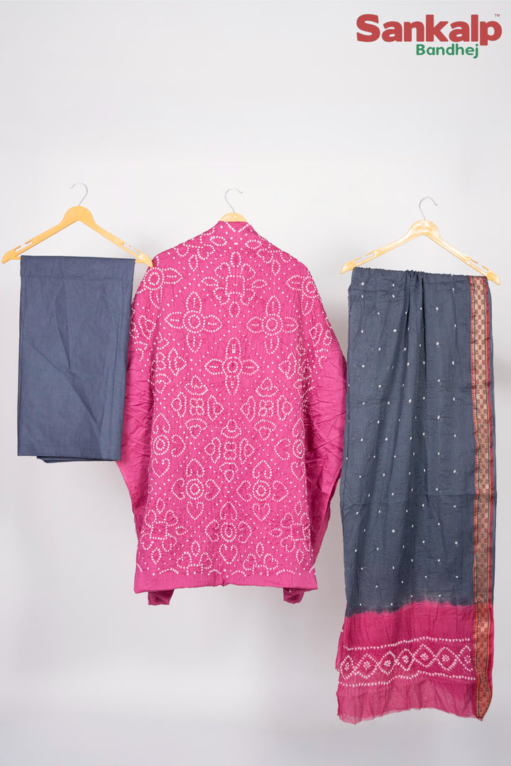 Pink Bandhej 3 Piece Cotton Satin Dress Material