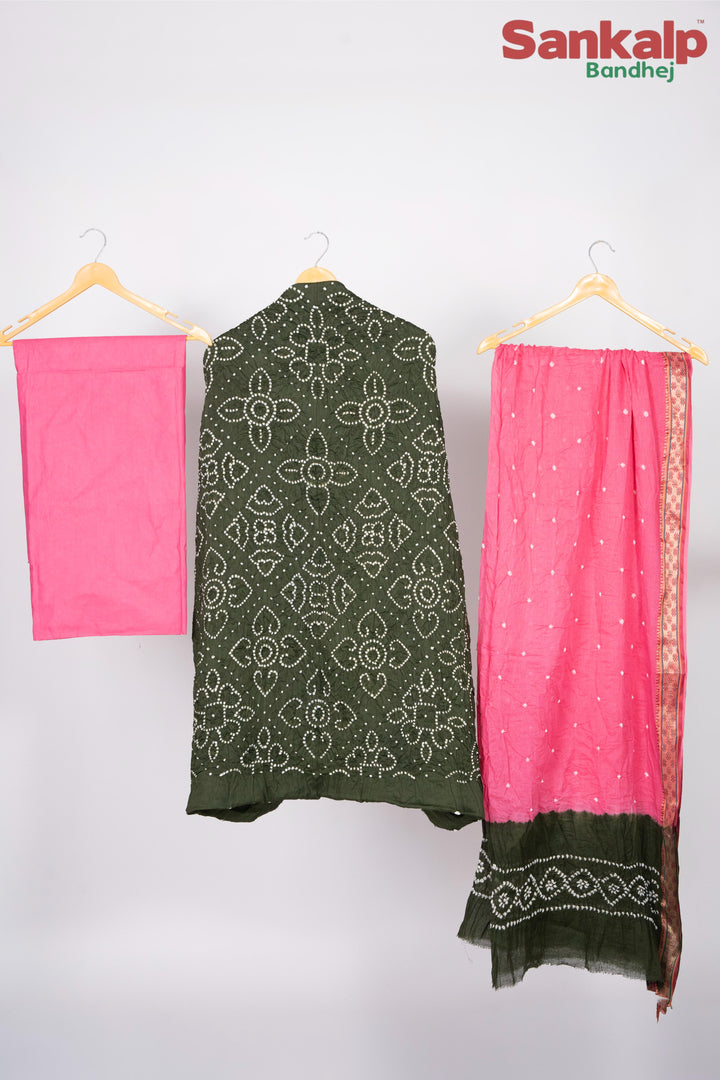 Olive Green Bandhej 3 Piece Cotton Satin Dress Material Set