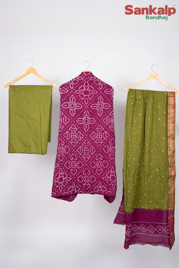 Magenta Bandhej 3 Piece Cotton Satin Dress Material