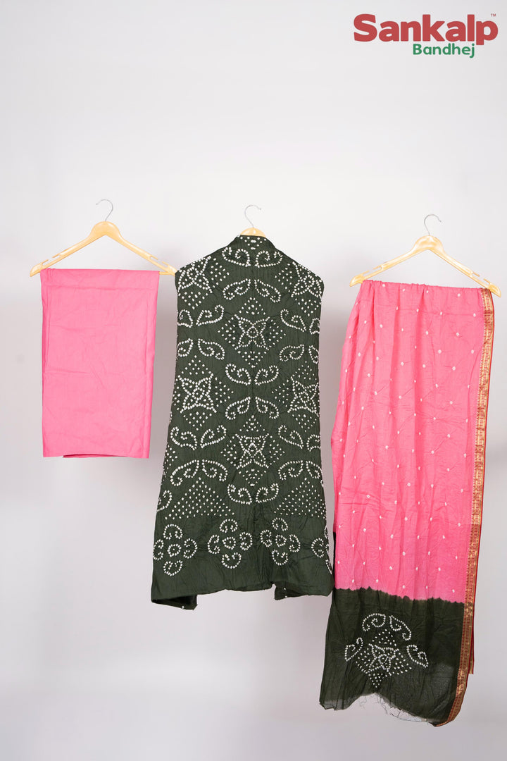 Olive Green Cotton Satin Bandhani Dress Material