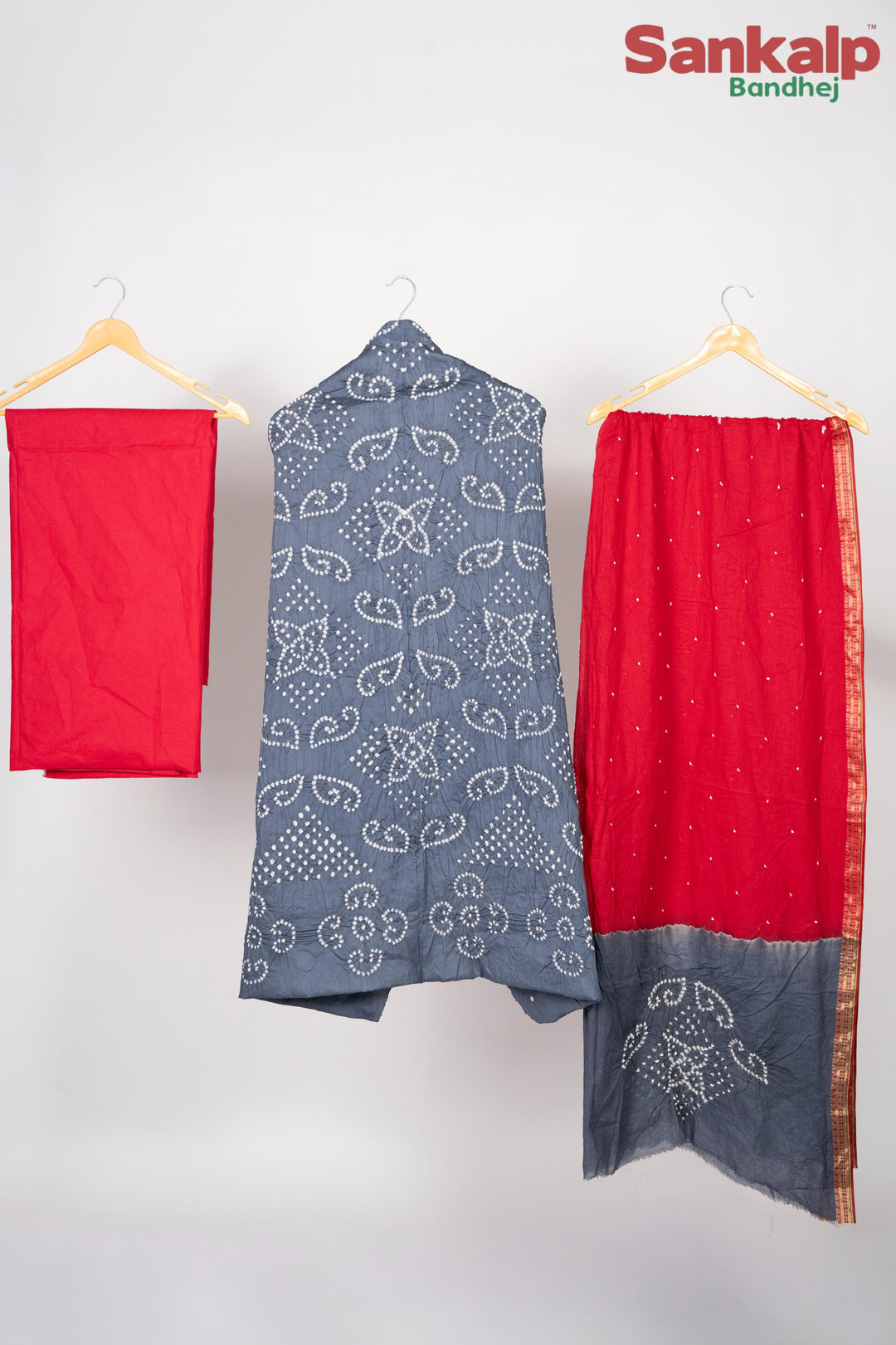 Grey Bandhej 3-Piece Dress Material in Cotton Satin