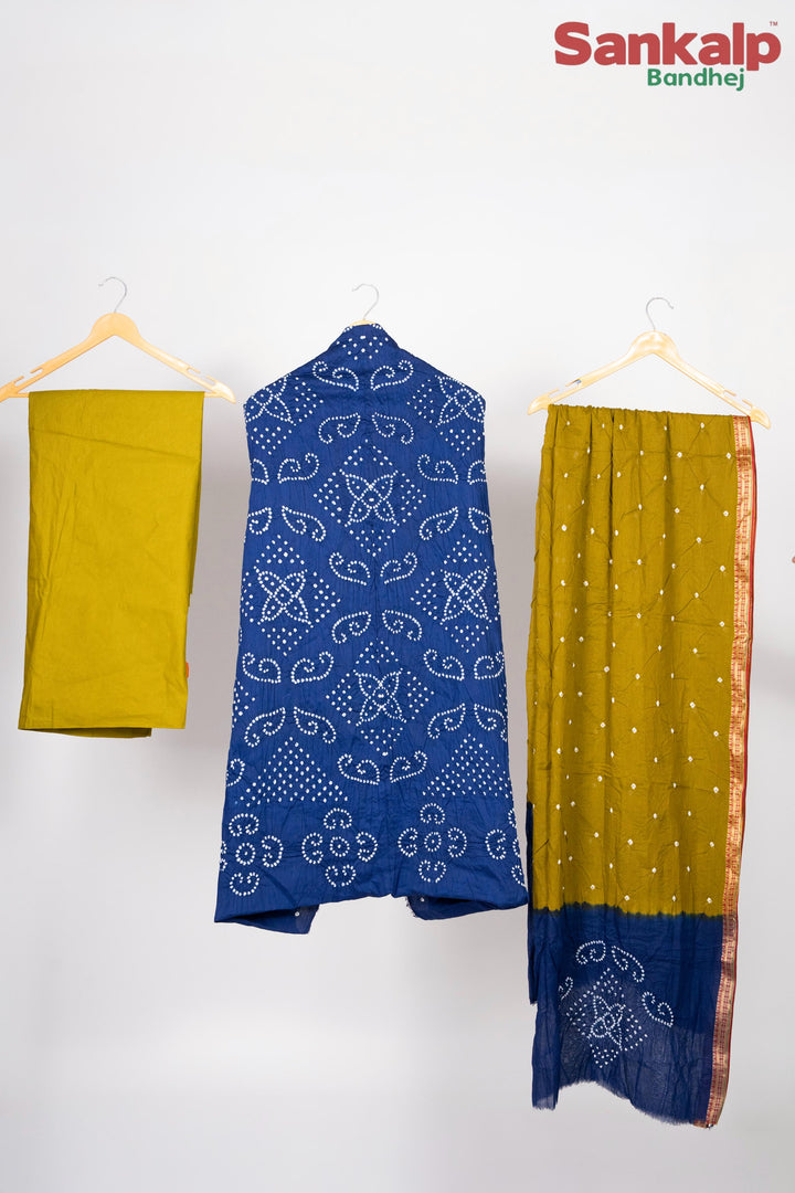 Blue Bandhej Cotton Satin Dress Material with Mustard Dupatta
