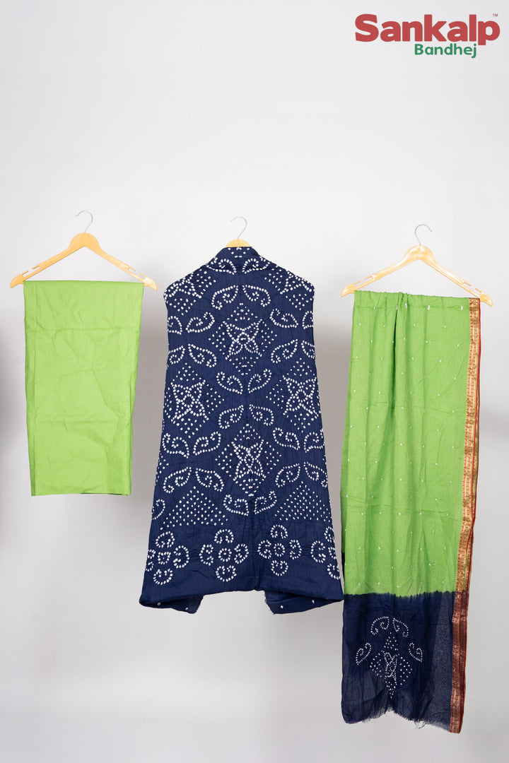 Royal Blue Cotton Satin Dress Material With Parrot Green Dupatta