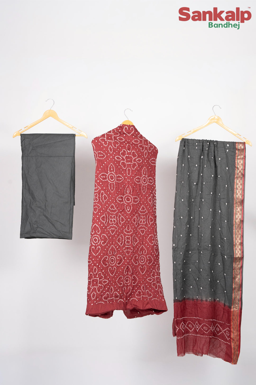 Rust Red Bandhej 3 Piece Cotton Satin Dress Material
