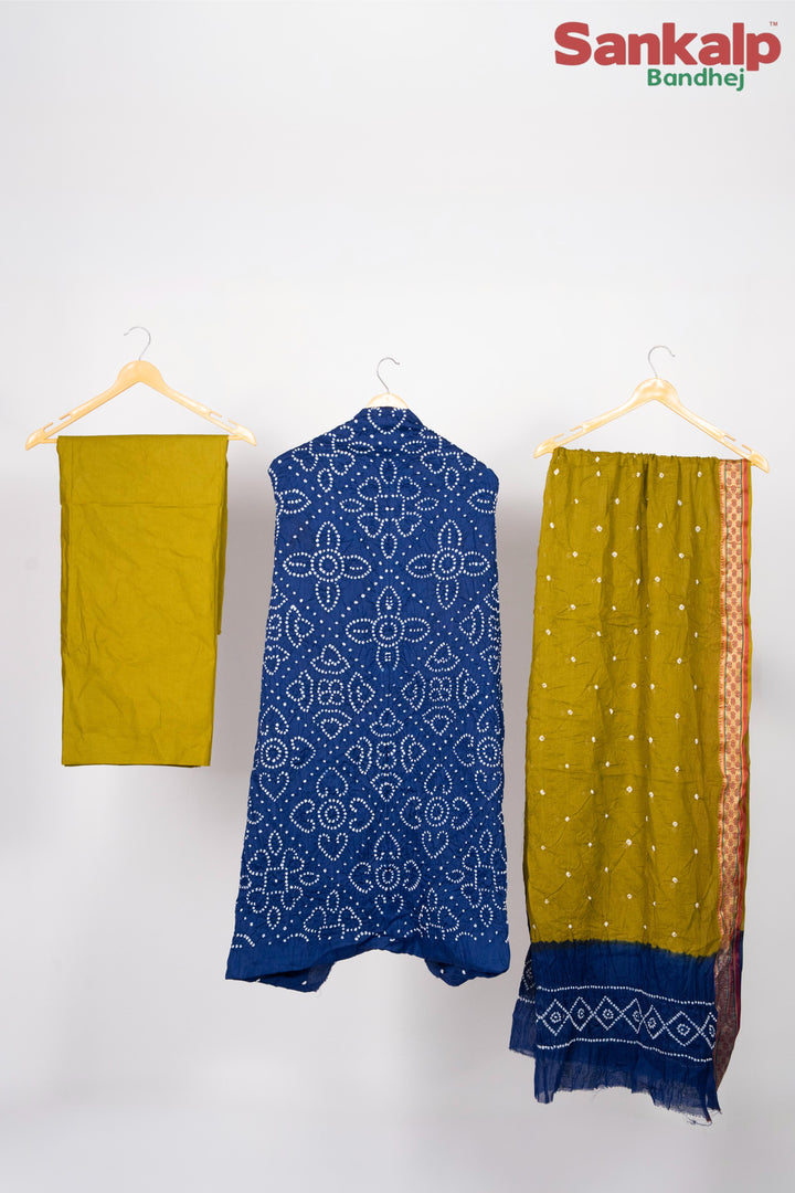 Royal Blue Bandhej 3 Piece Cotton Satin Dress Material Set