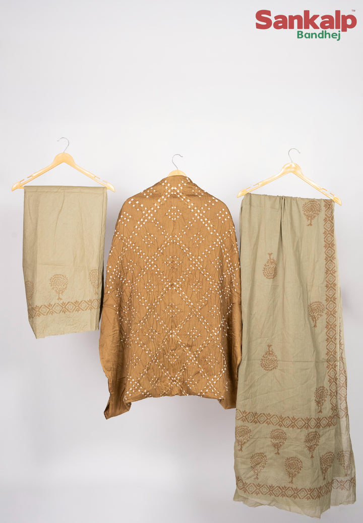 Mustard  Cotton Satin Bandhej Suit With Block Print Dupatta