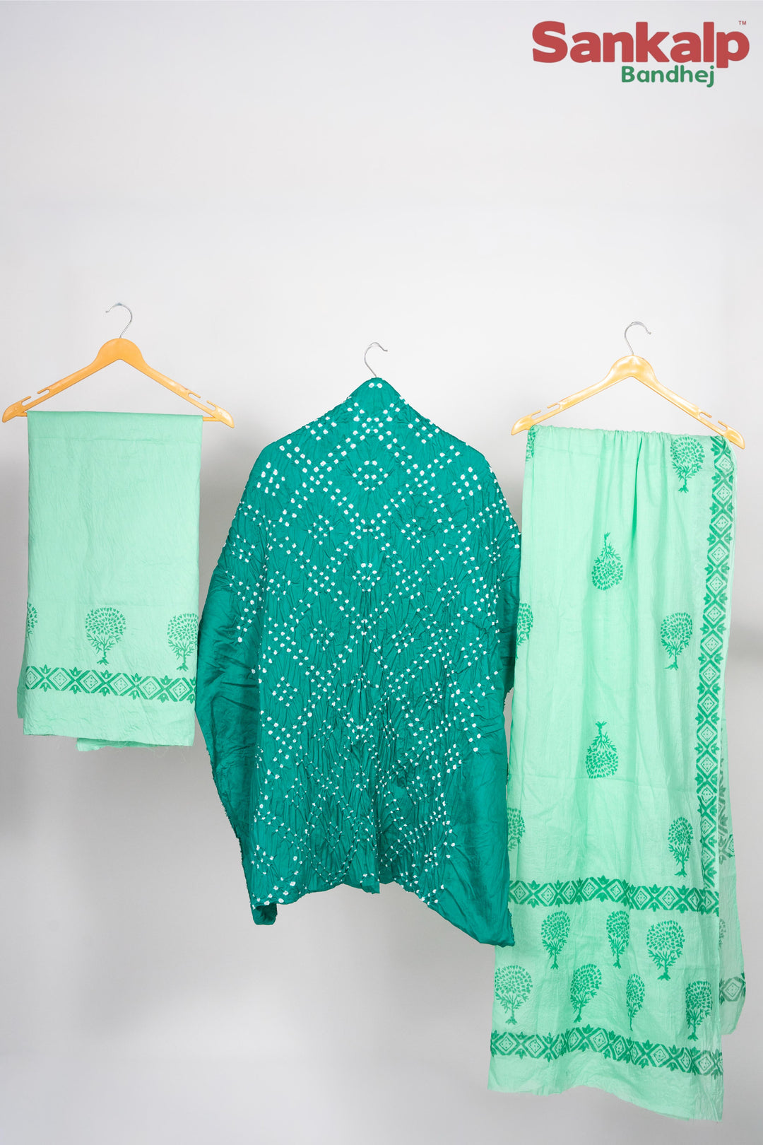 Teal Green Cotton Satin Bandhej Suit With Block Print Dupatta