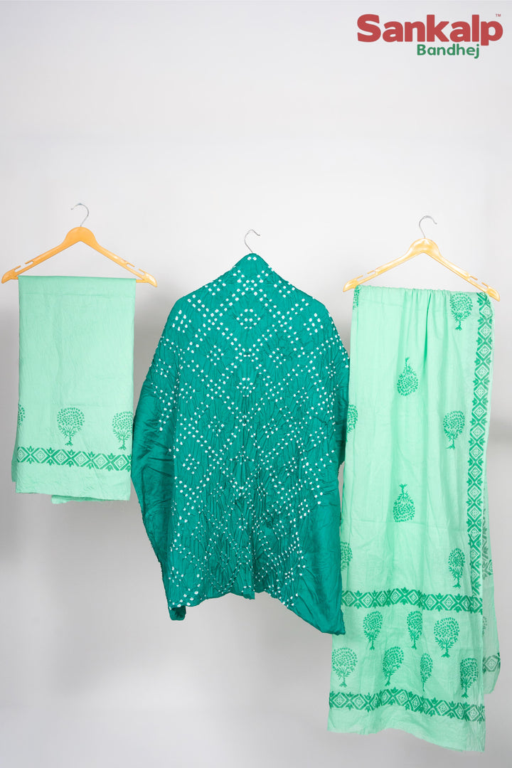 Teal Green Cotton Satin Bandhej Suit With Block Print Dupatta
