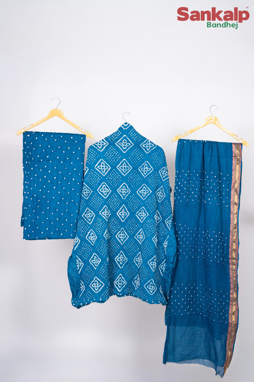 Sky Blue Bandhani Cotton Satin Dress Material