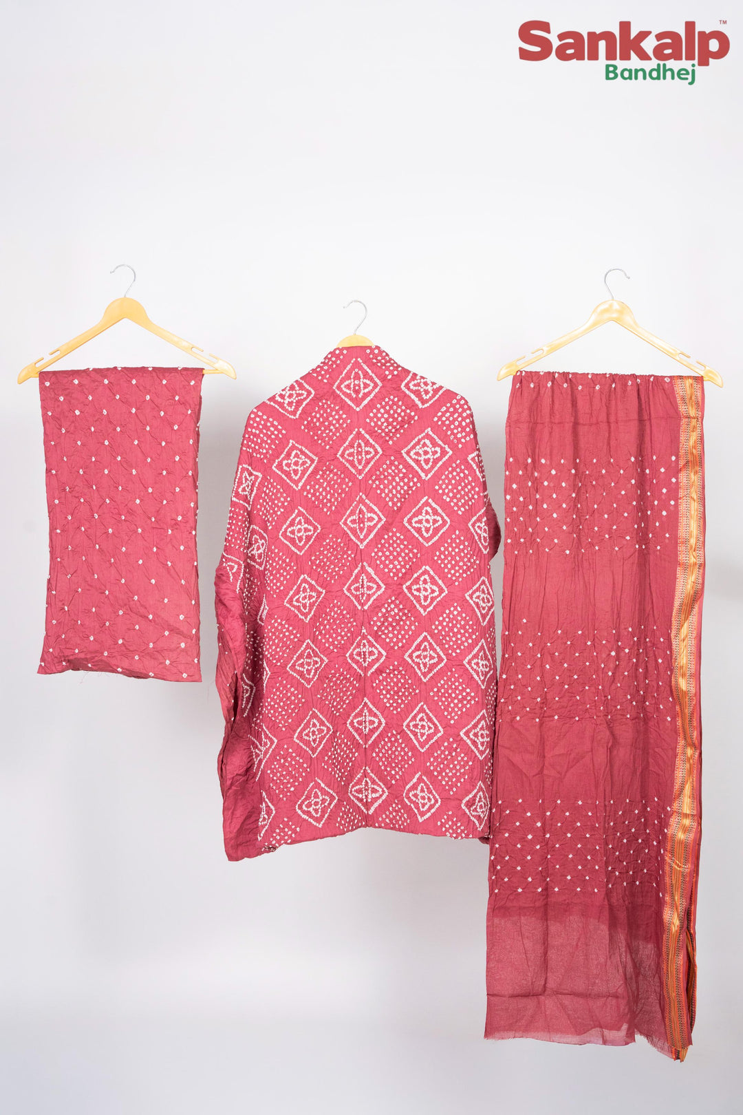Rust Red Cotton Satin Bandhani Dress Material