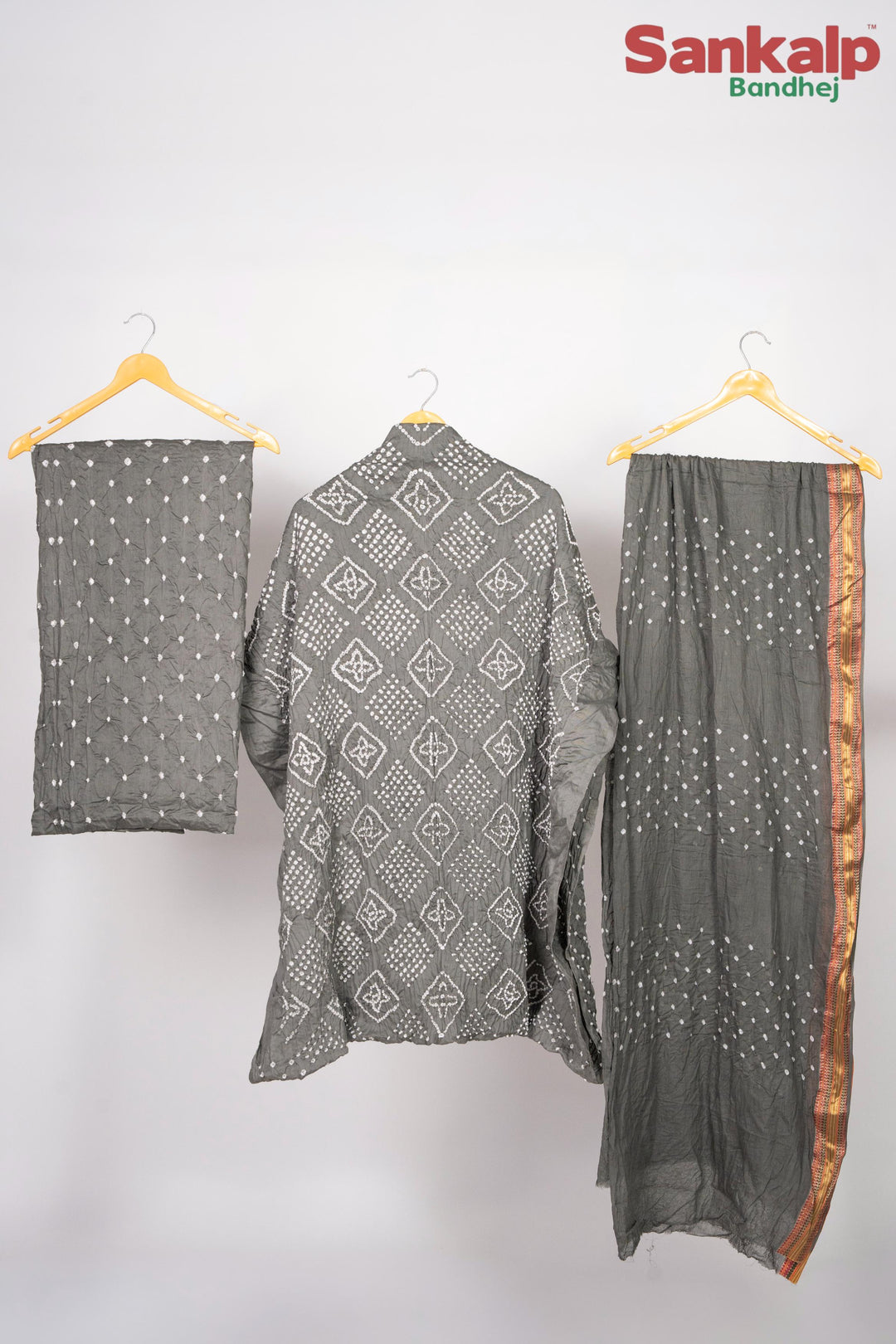 Grey Cotton Satin Bandhani Dress Material