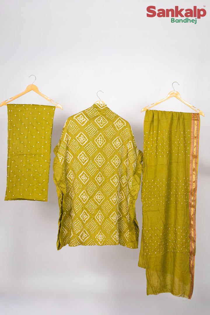 Mustard Green Bandhej 3-Piece Dress Material