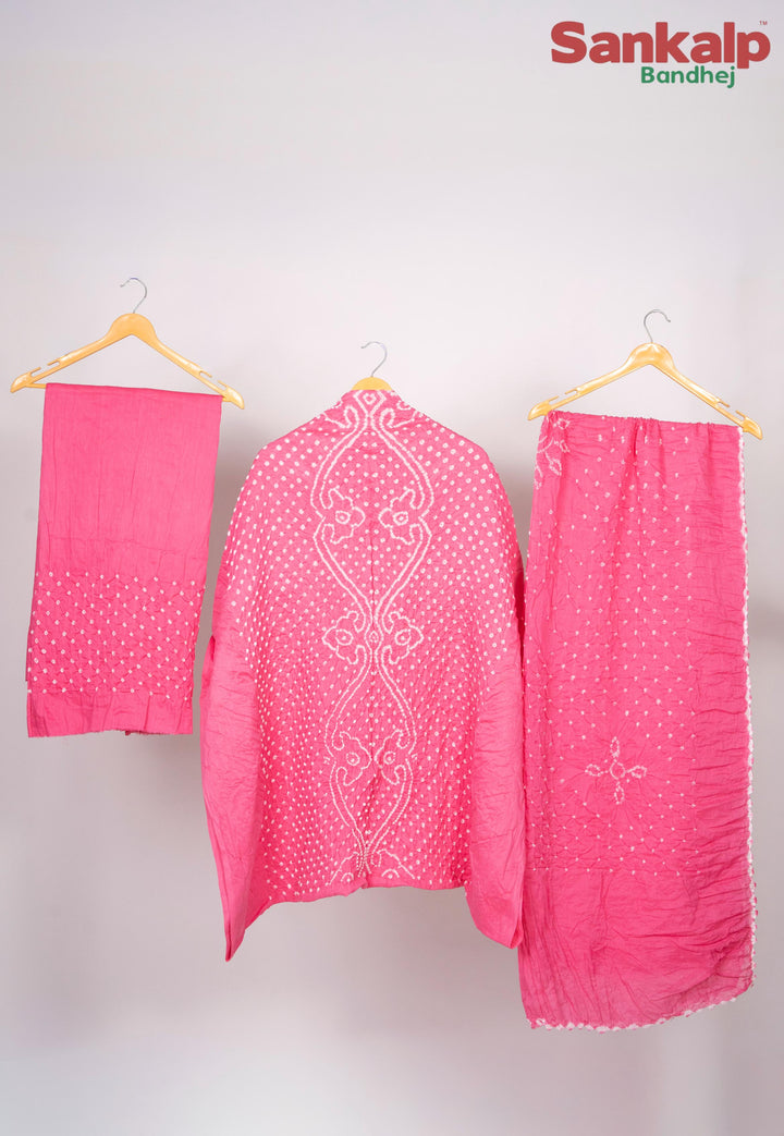 Pink Bandhani Cotton Satin 3 Piece Dress Material
