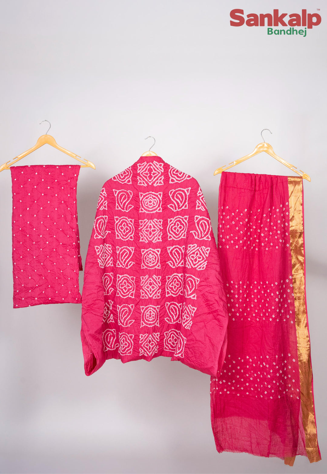 Rani Pink Bandhani Cotton Satin Suit Material