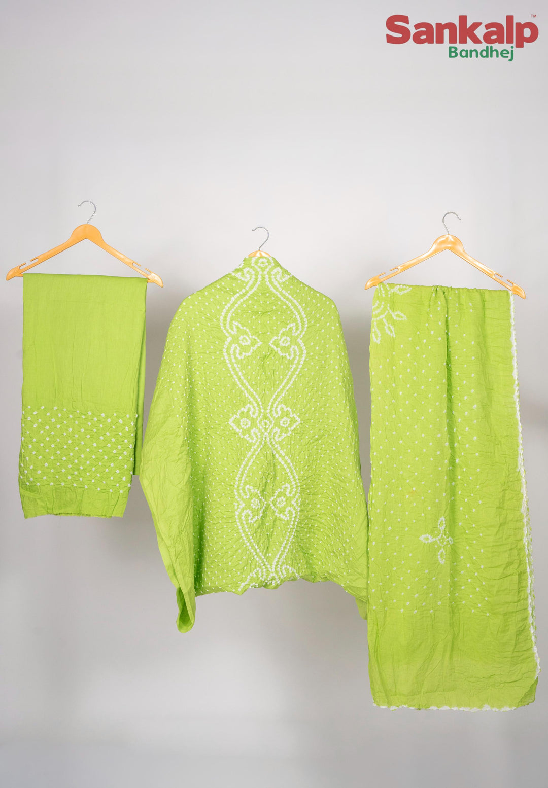 Neon Green Bandhani Cotton Satin 3-Piece Suit Material