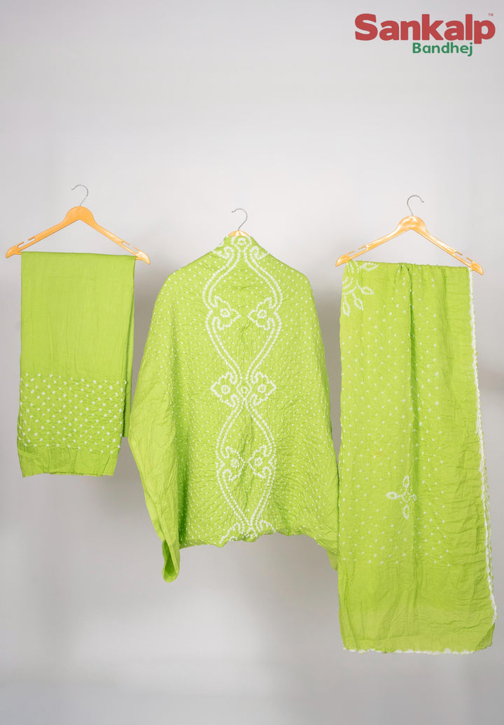 Neon Green Bandhani Cotton Satin 3-Piece Suit Material