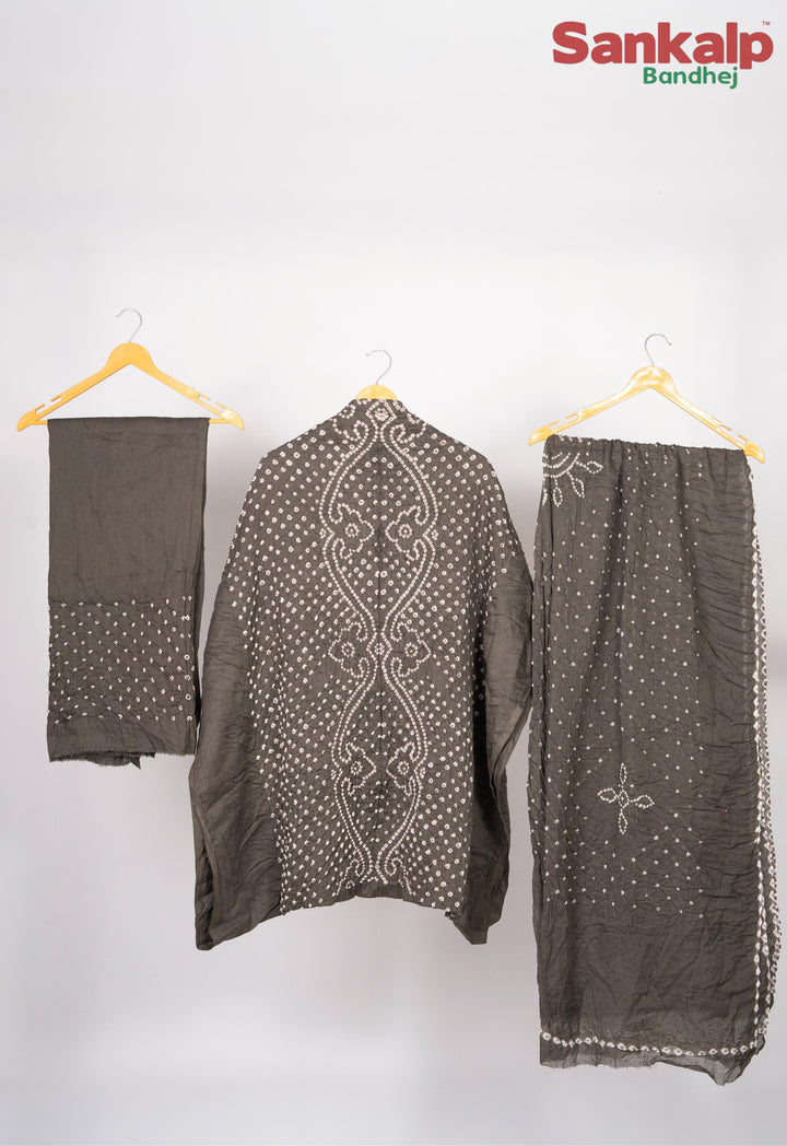 Grey Cotton Satin Bandhej Dress Material