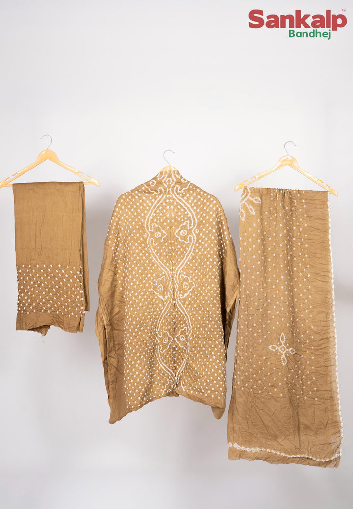 Mustard Brown Cotton Satin Bandhej Dress Material