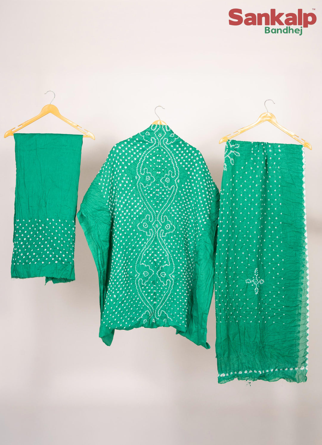Green Bandhani Cotton Satin Dress Material