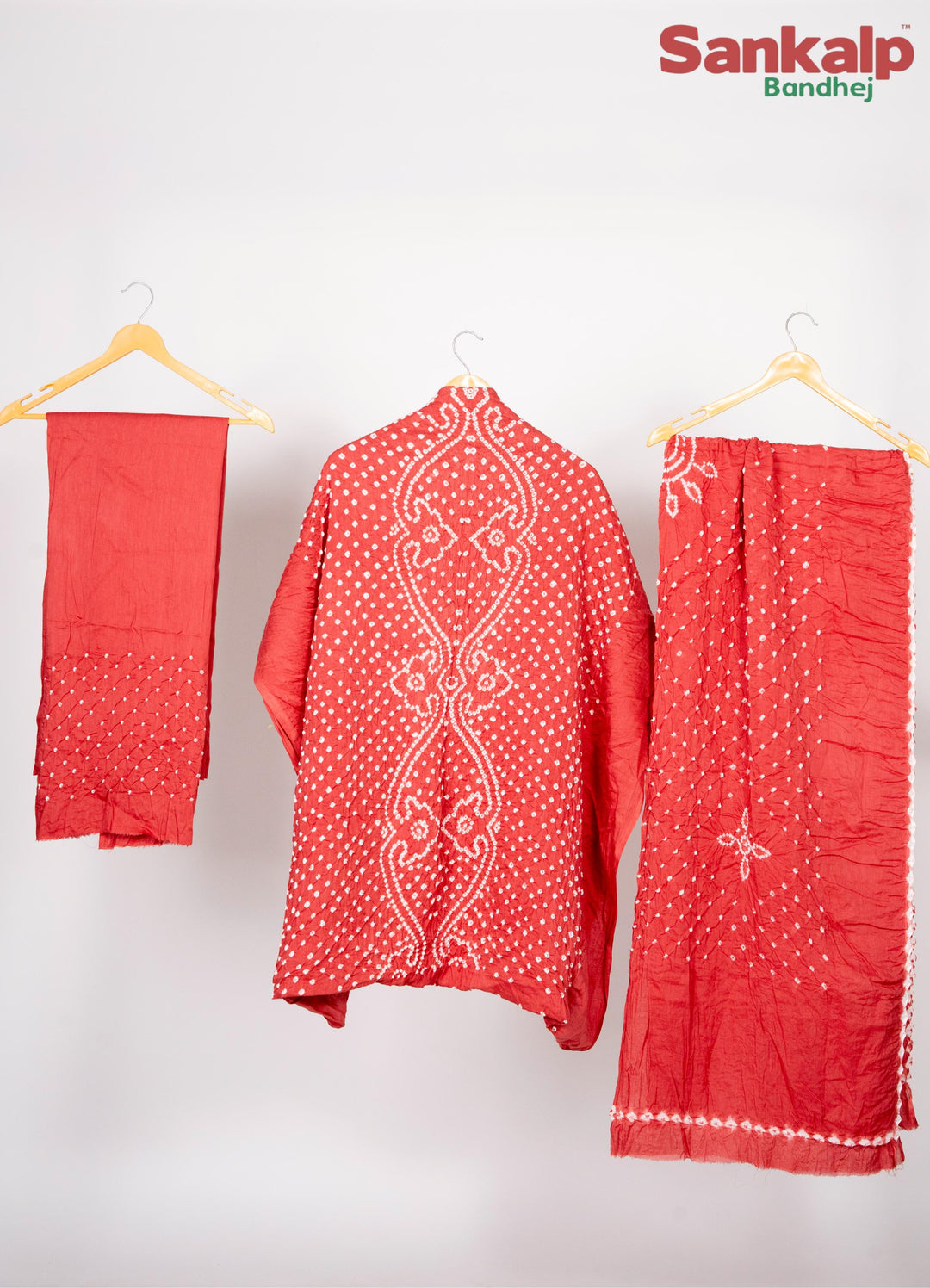 Coral Red Bandhani Cotton Satin Suit Material