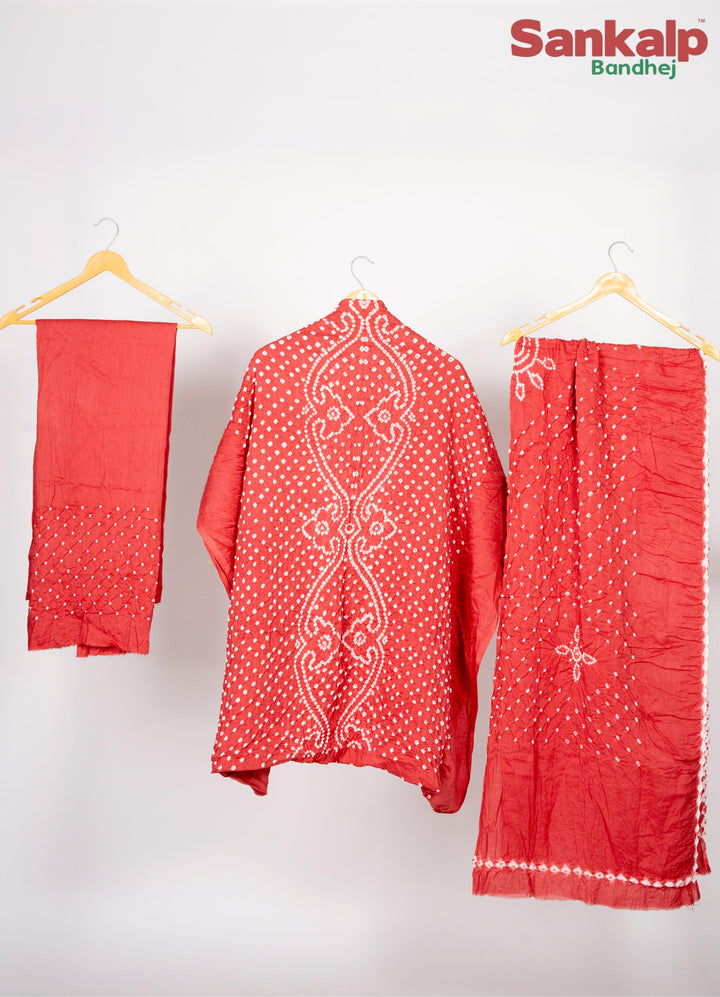 Coral Red Bandhani Cotton Satin Suit Material